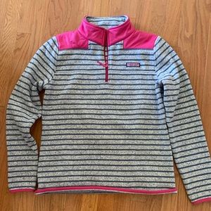 VV womens size S blue heather grey with blue stripes and pink shoulder/collar.